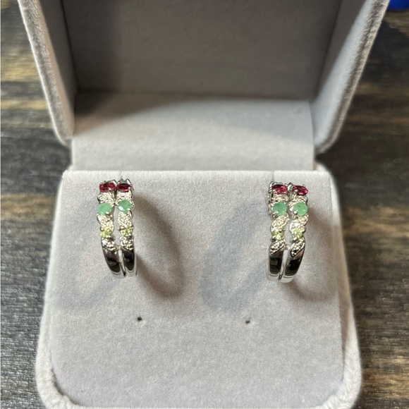 Elegant Natural Emerald, Garnet & Peridot Earrings in 925 Sterling Silver - Picture 2 of 7